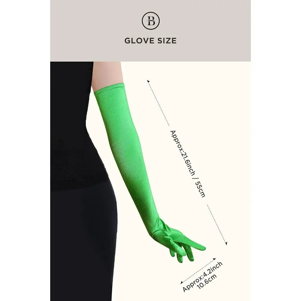 Women's Green Vintage Satin Long Gloves Party Tea Costume Stretchy Elbow Length
